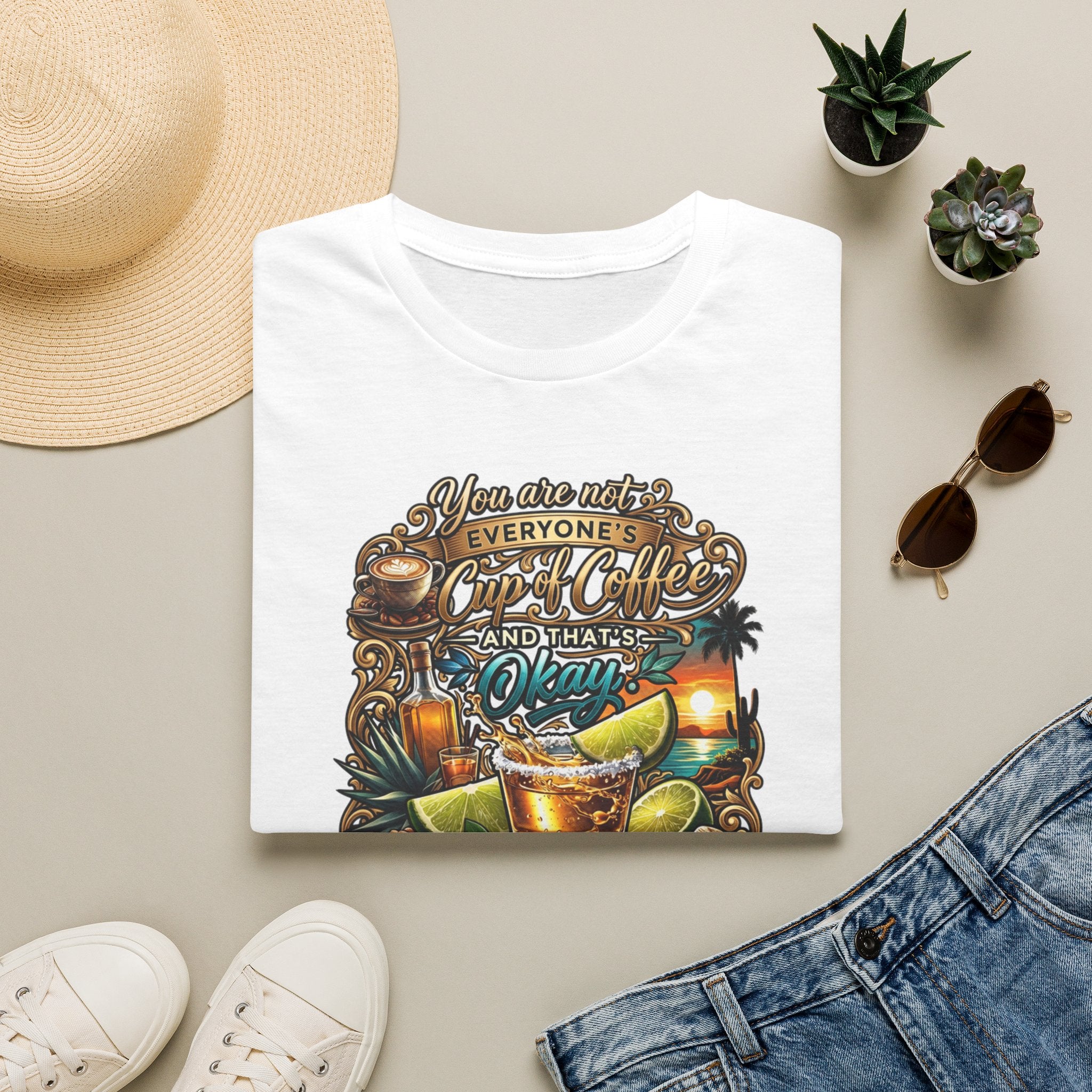 Not Everyone's Cup of Coffee You're Tequila print on a White t-shirt, folded beside a straw hat and jeans