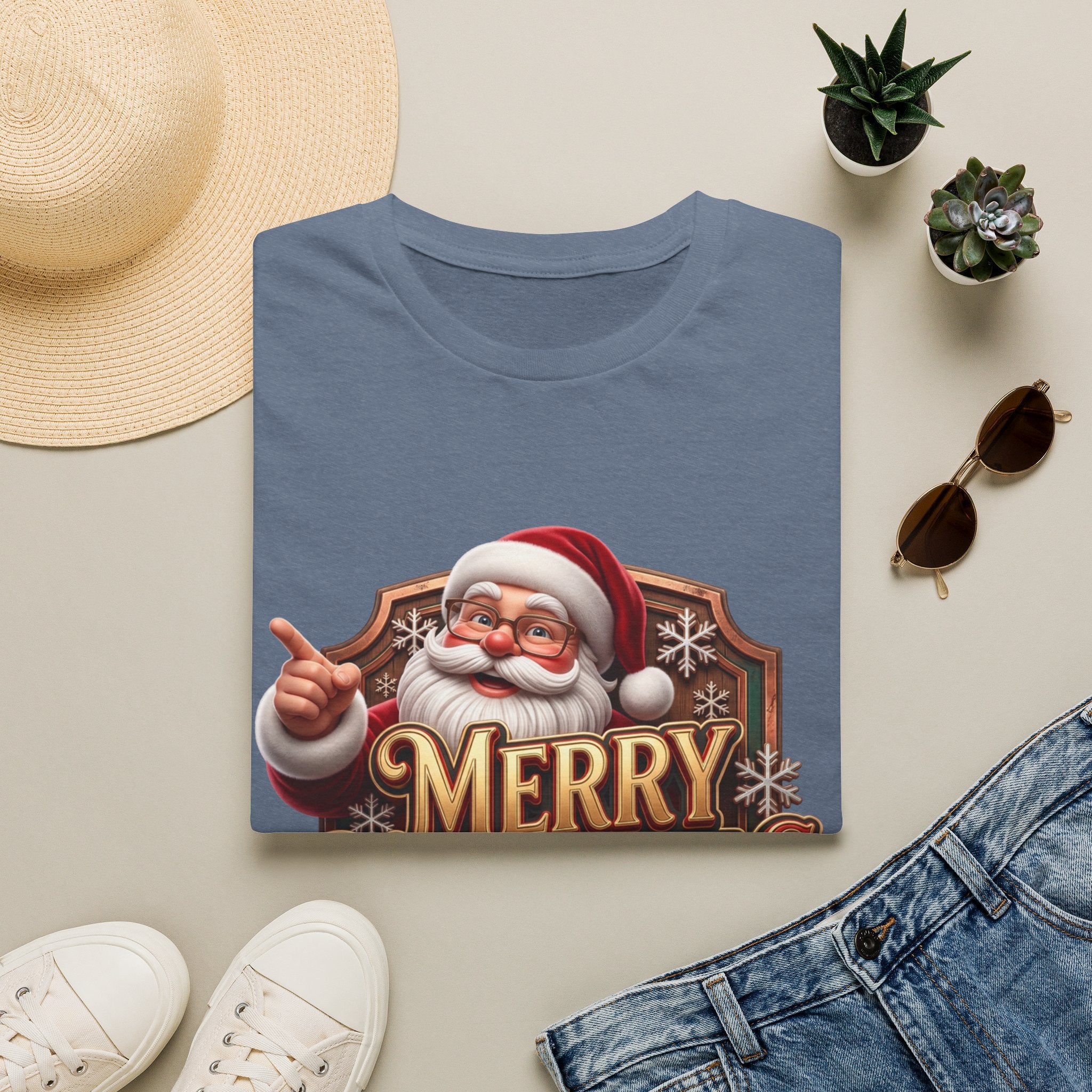 Vintage Santa Merry Christmas Badge print on a Heather Indigo t-shirt, folded beside a straw hat and jeans