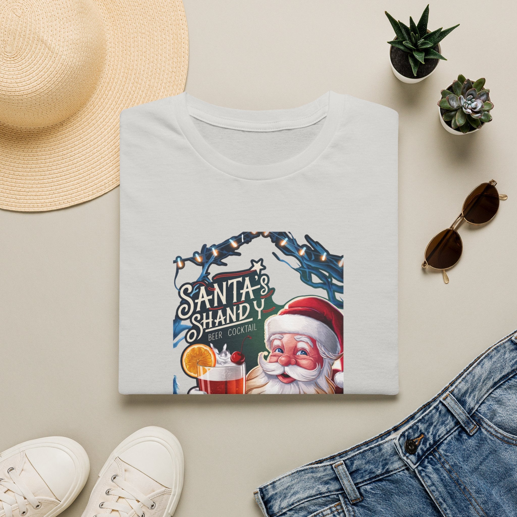Santa's Shandy Beer Cocktail print on an Ice Grey t-shirt, folded beside a straw hat and jeans