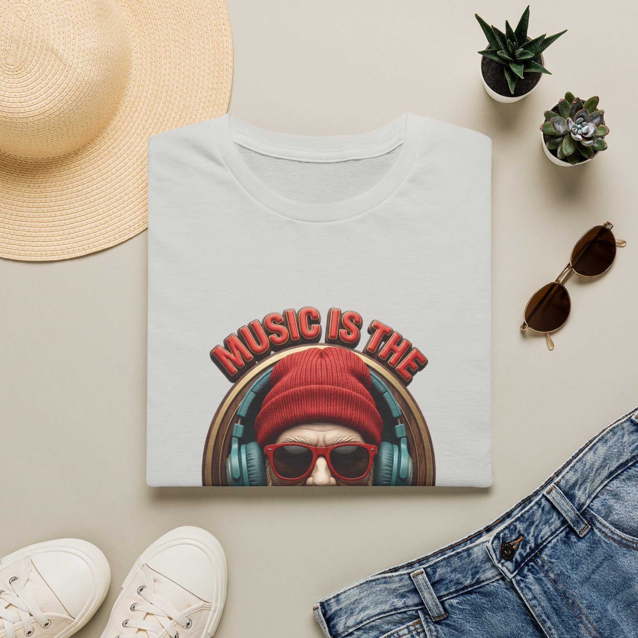 Music Is The Only Therapy Bearded Beanie print on an Ice Grey t-shirt, folded beside a straw hat and jeans