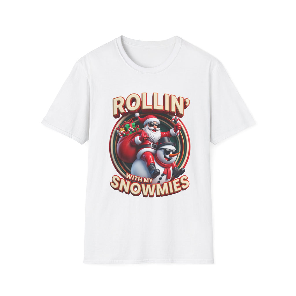 Rollin' with My Snowmies Santa & Snowman print on the front of a White t-shirt, laid flat on white