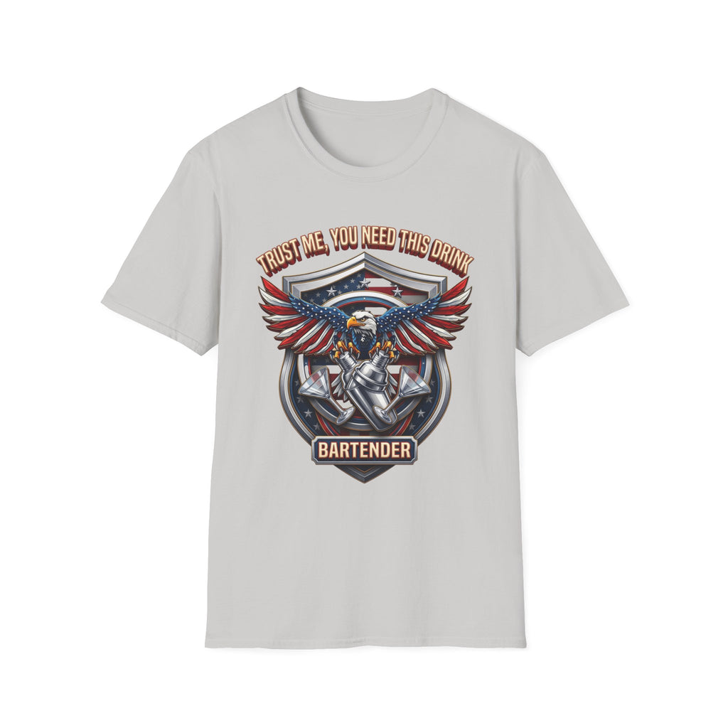 Bartender Eagle Trust Me You Need This Drink print on the front of an Ice Grey t-shirt, laid flat on white