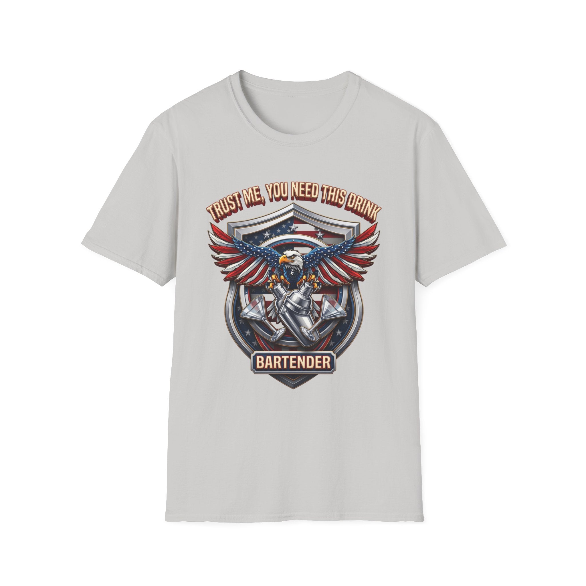 Bartender Eagle Trust Me You Need This Drink print on the front of an Ice Grey t-shirt, laid flat on white