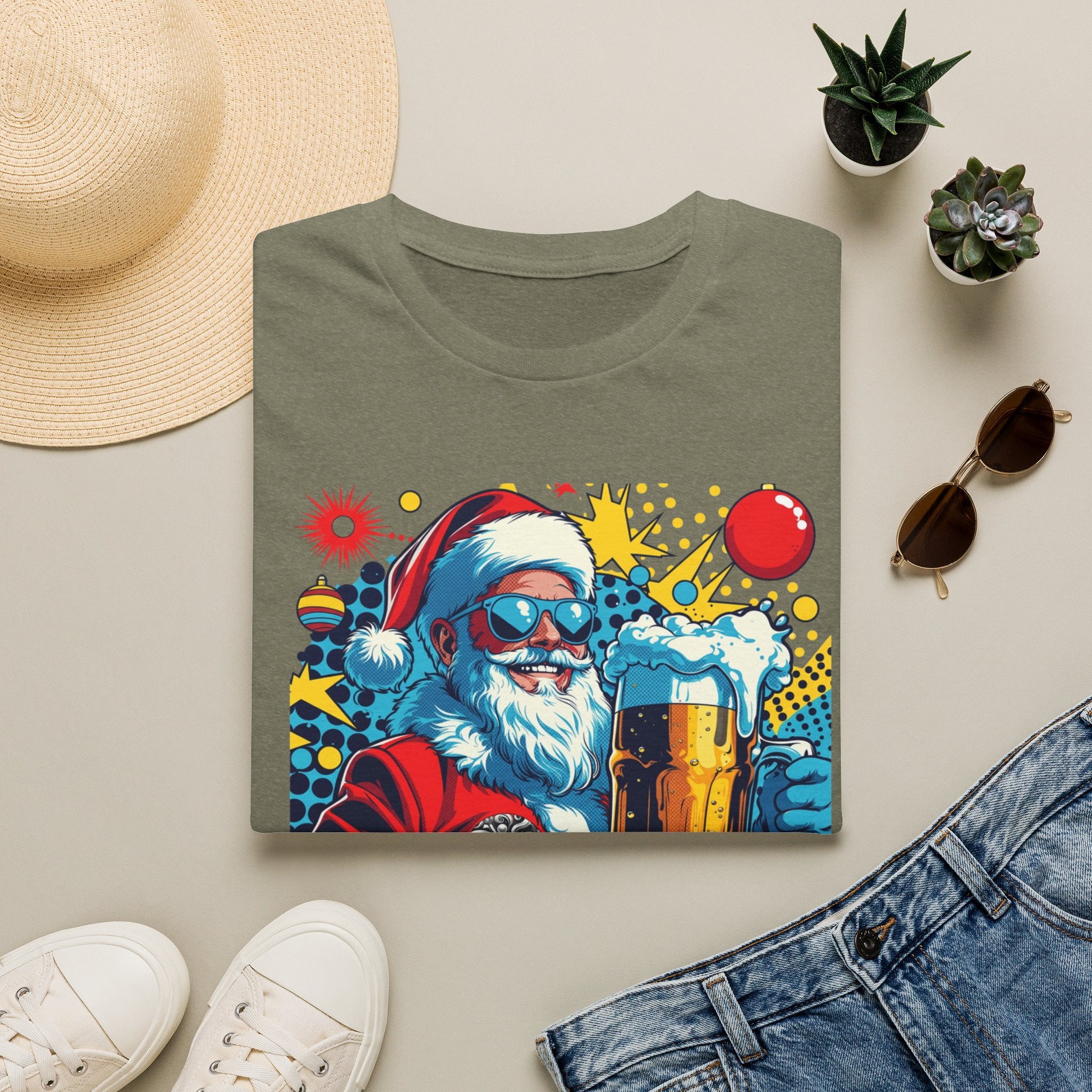 Naughty List Is My People Pop Art Santa Beer print on a Heather Military Green t-shirt, folded beside a straw hat and jeans