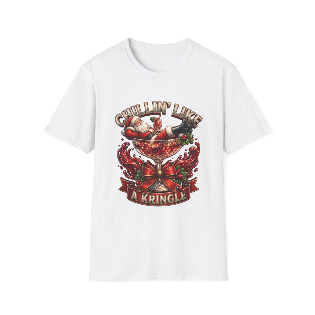 Chillin' Like a Kringle Santa print on the front of a White t-shirt, laid flat on white