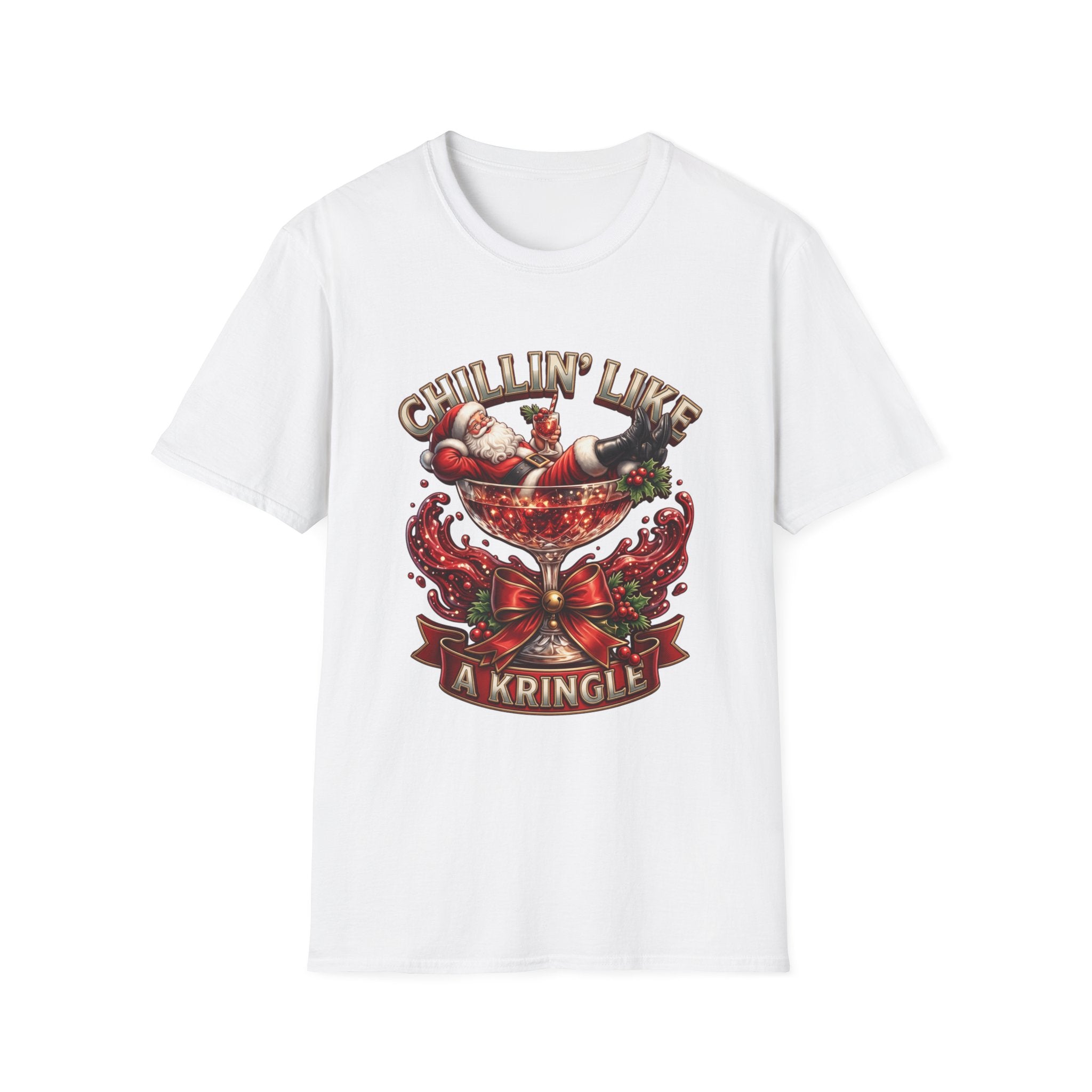 Chillin' Like a Kringle Santa print on the front of a White t-shirt, laid flat on white