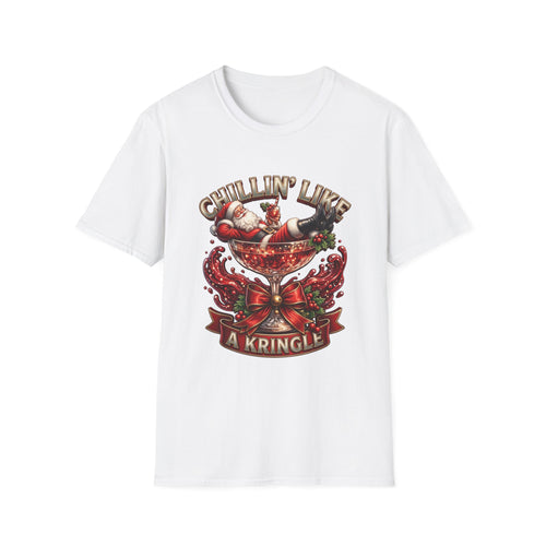 Chillin' Like a Kringle Santa print on the front of a White t-shirt, laid flat on white