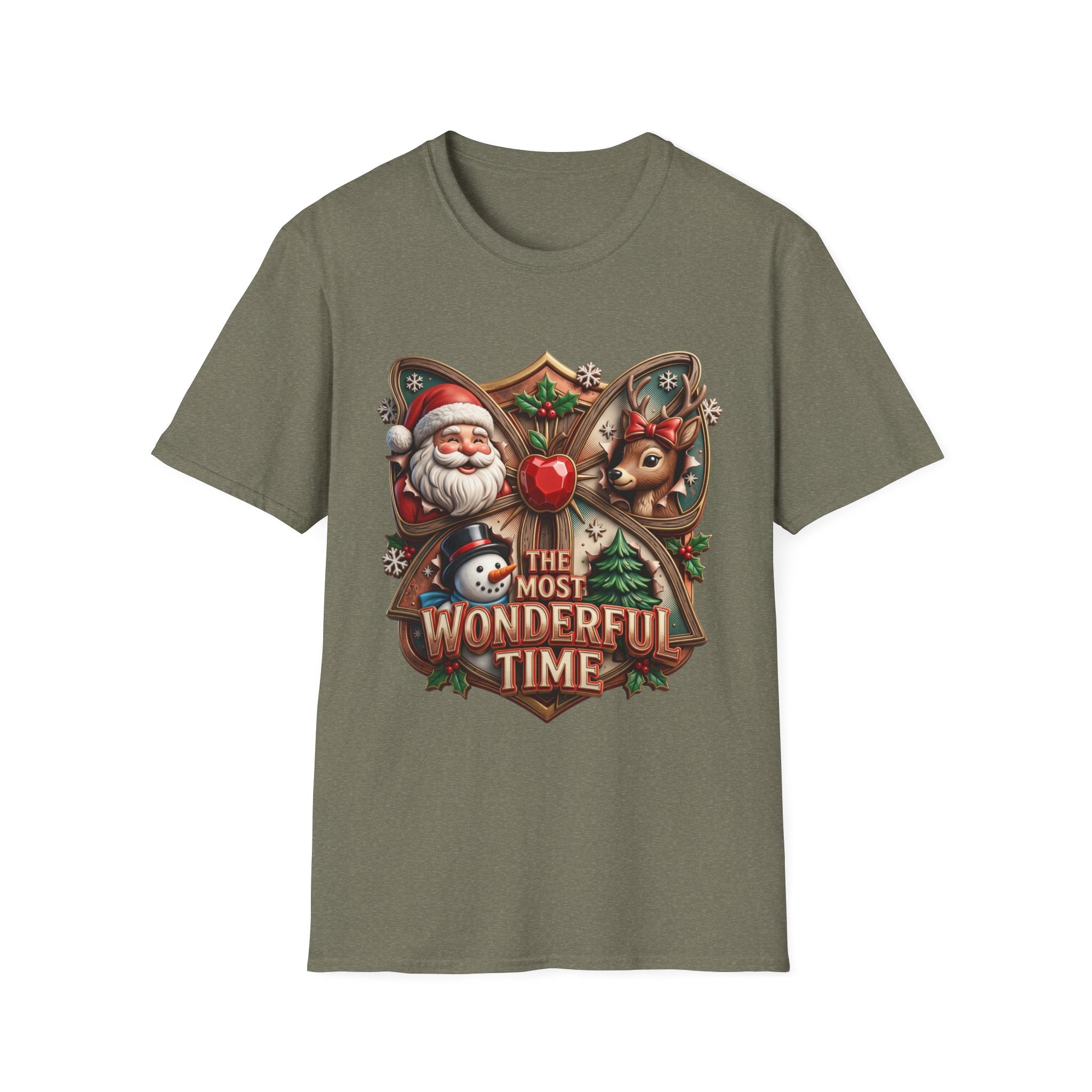 The Most Wonderful Time Wood Crest Santa print on the front of a Heather Military Green t-shirt, laid flat on white