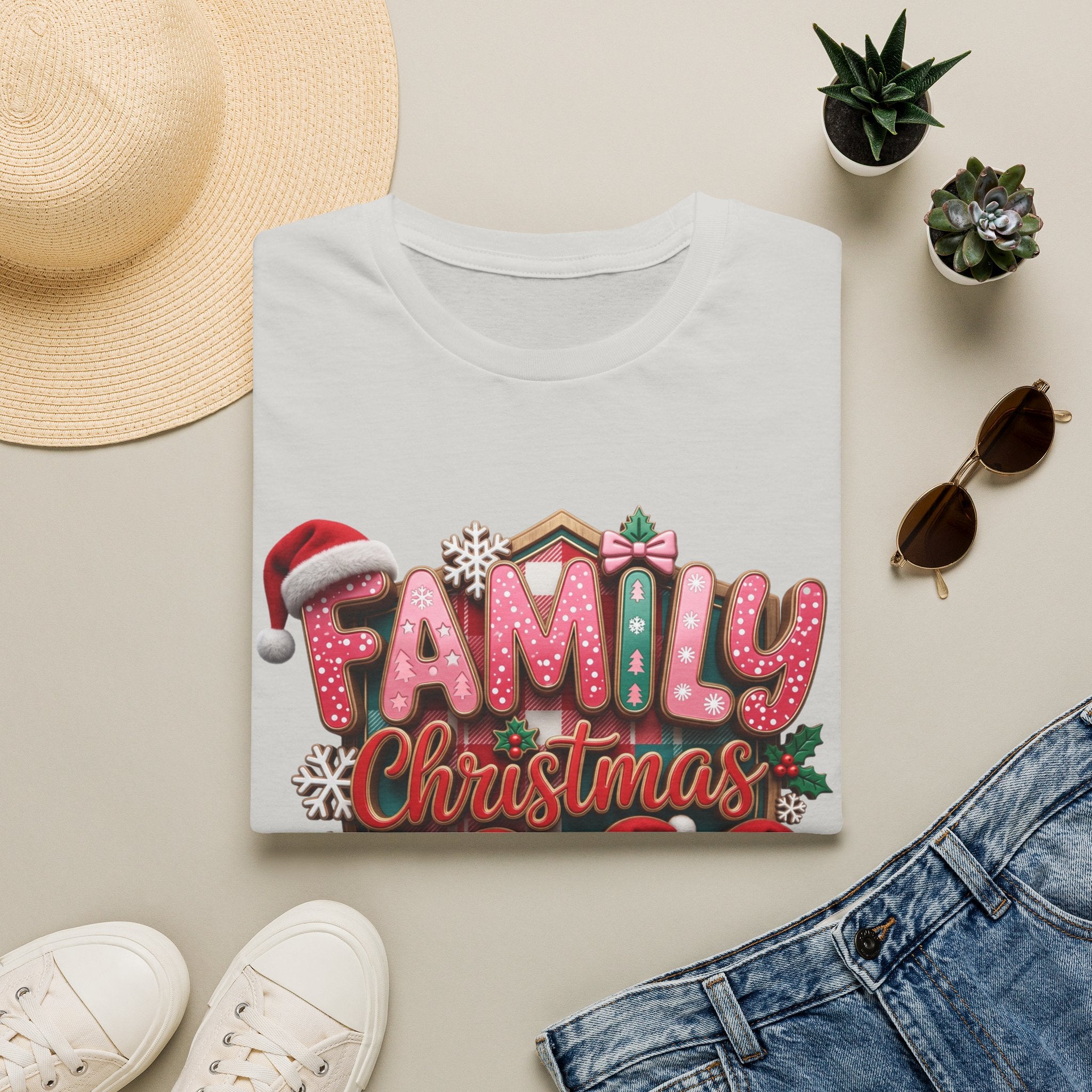Family Christmas 2026 Making Memories Together print on an Ice Grey t-shirt, folded beside a straw hat and jeans