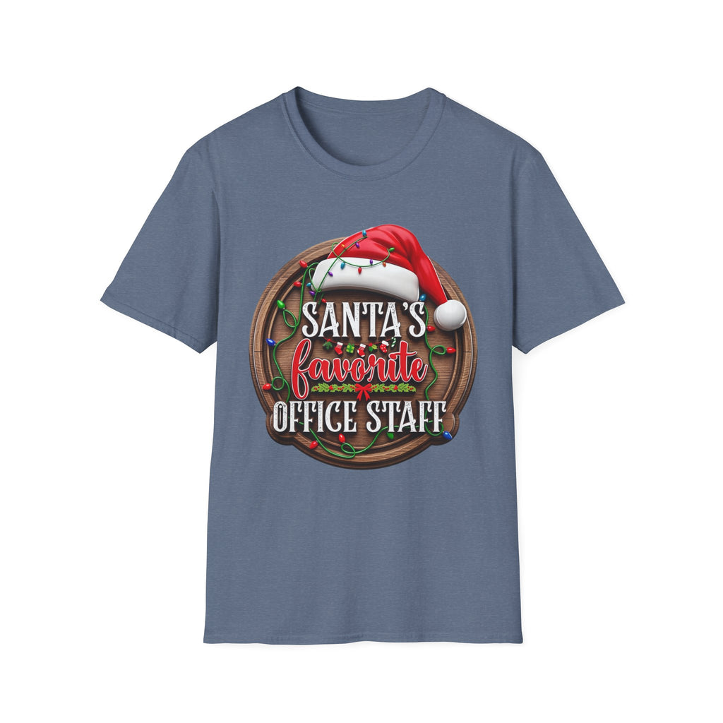 Santa's Favorite Office Staff print on the front of a Heather Indigo t-shirt, laid flat on white
