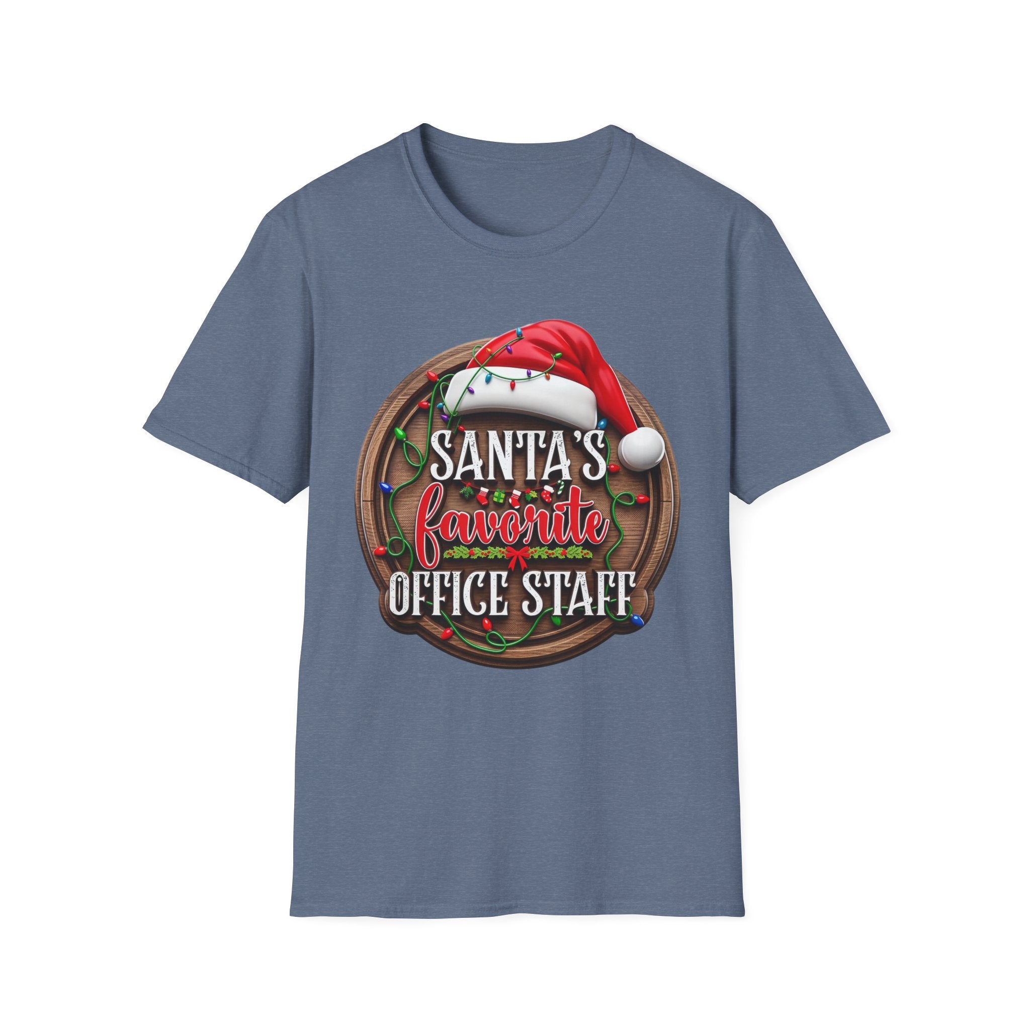 Santa's Favorite Office Staff print on the front of a Heather Indigo t-shirt, laid flat on white