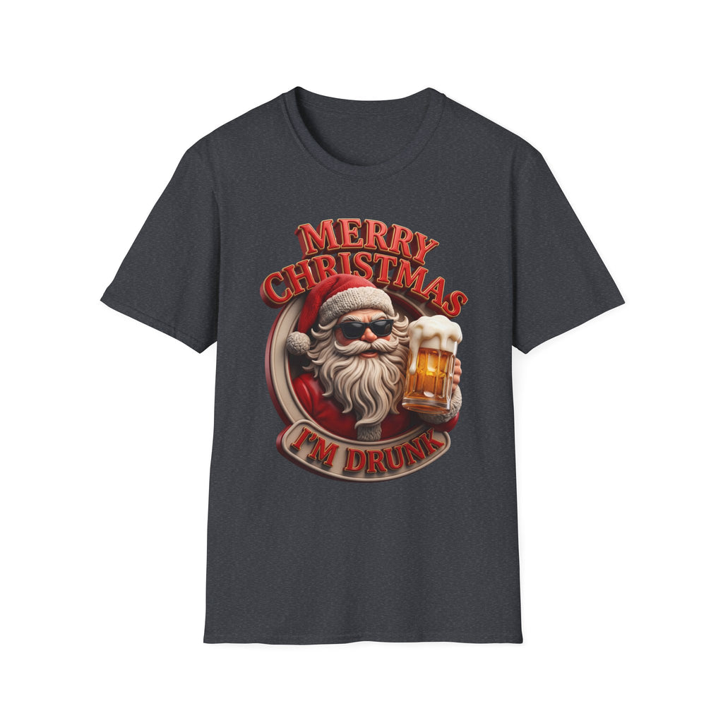 Merry Christmas I'm Drunk Santa print on the front of a Dark Heather Grey t-shirt, laid flat on white