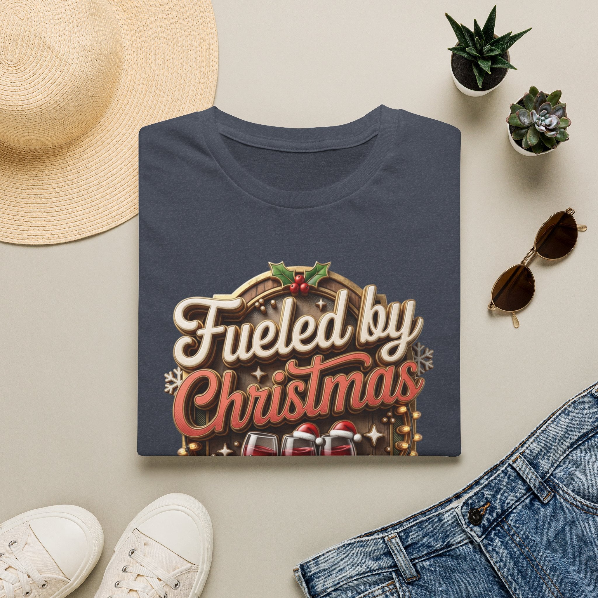 Fueled by Christmas Spirits Wine print on a Heather Navy t-shirt, folded beside a straw hat and jeans
