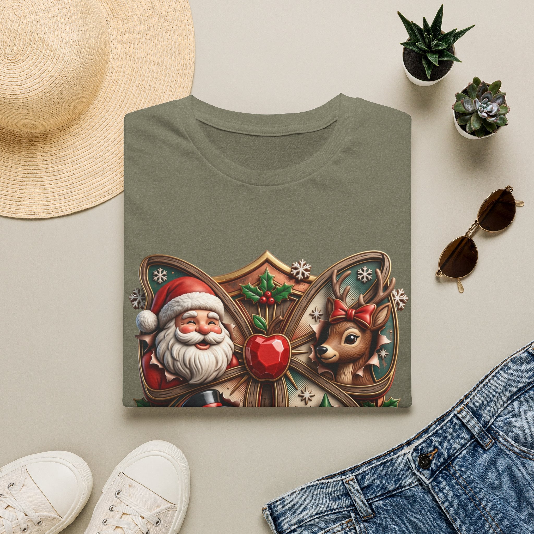 The Most Wonderful Time Wood Crest Santa print on a Heather Military Green t-shirt, folded beside a straw hat and jeans
