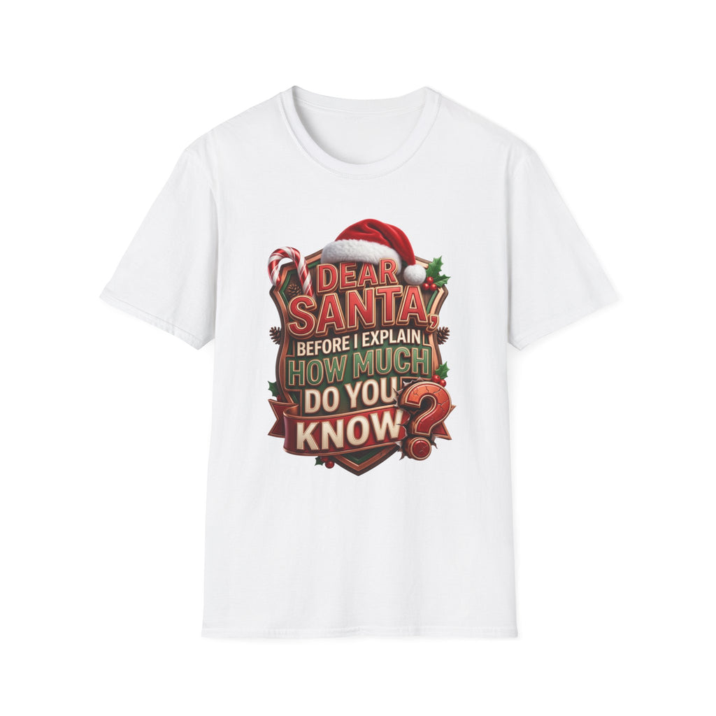 Dear Santa Before I Explain print on the front of a White t-shirt, laid flat on white