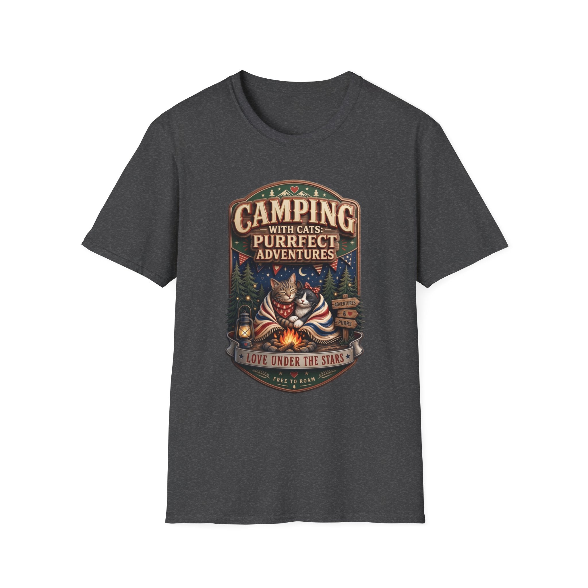 Camping With Cats Purrfect Adventures print on the front of a Dark Heather t-shirt, laid flat on white
