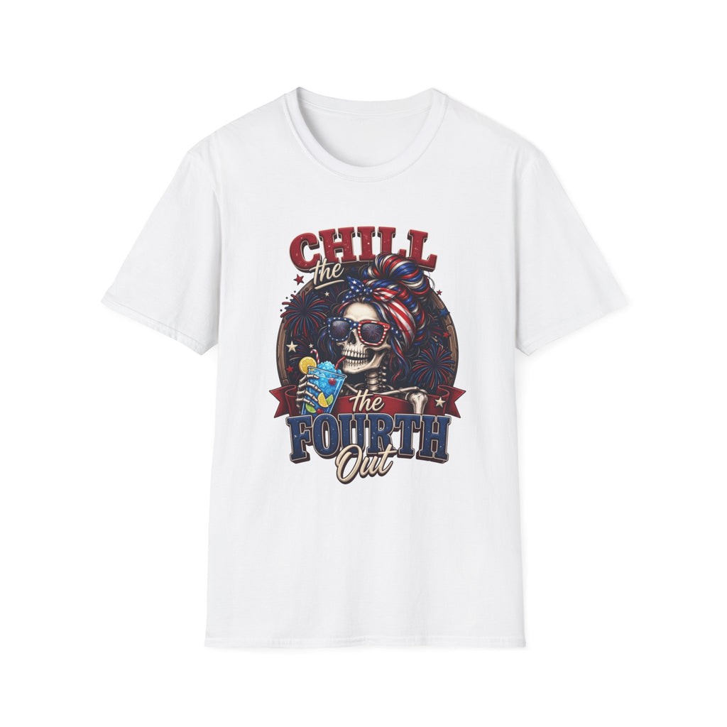 Chill the Fourth Out Patriotic Skeleton 4th of July print on the front of a White t-shirt, laid flat on white