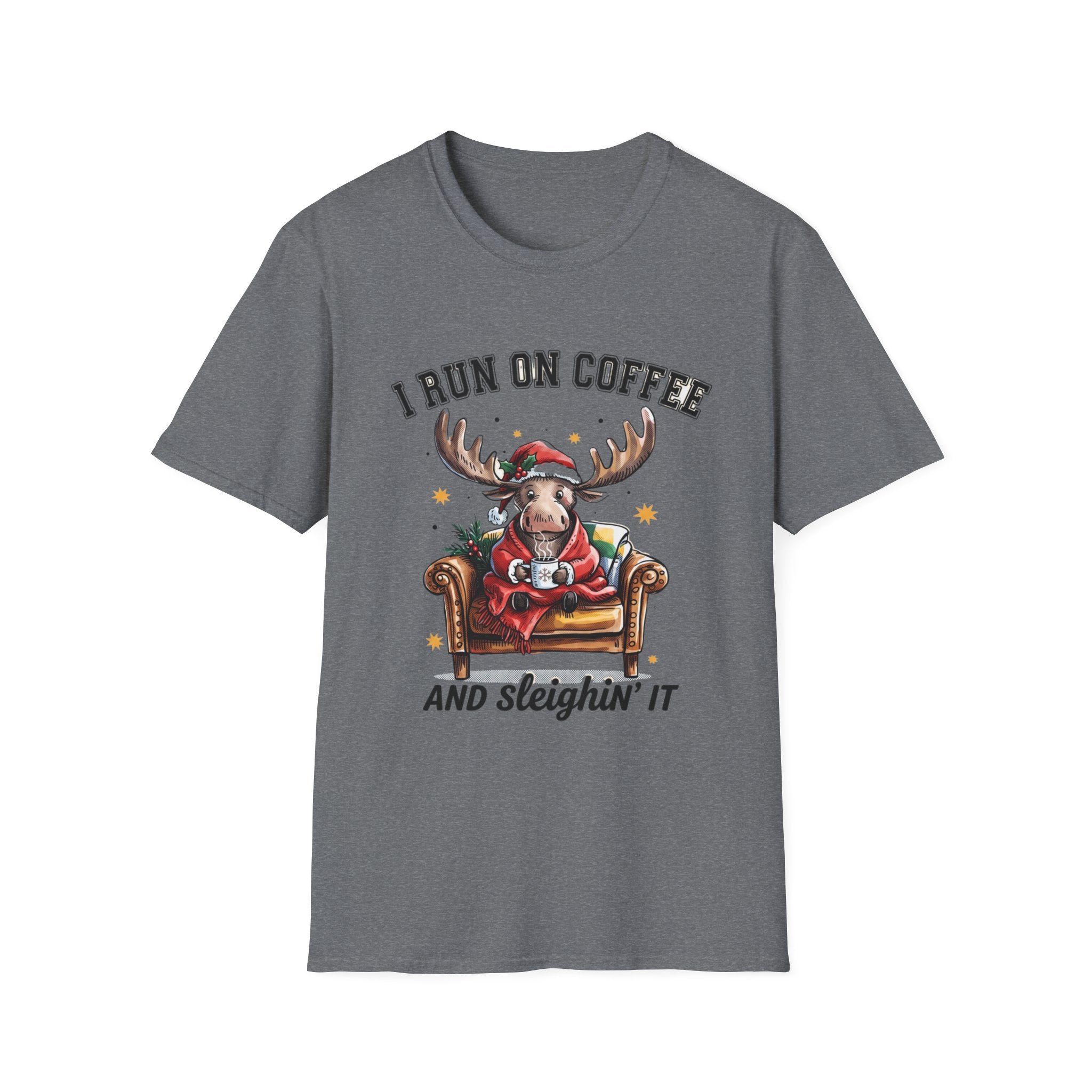 Moose I Run On Coffee and Sleighin' It print on the front of a Graphite Heather t-shirt, laid flat on white