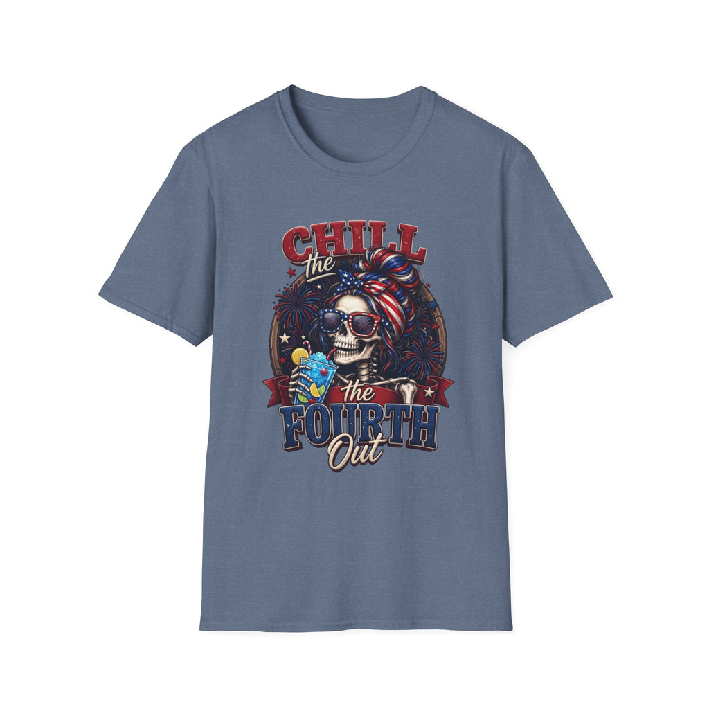 Chill the Fourth Out Patriotic Skeleton 4th of July print on the front of a Heather Indigo t-shirt, laid flat on white