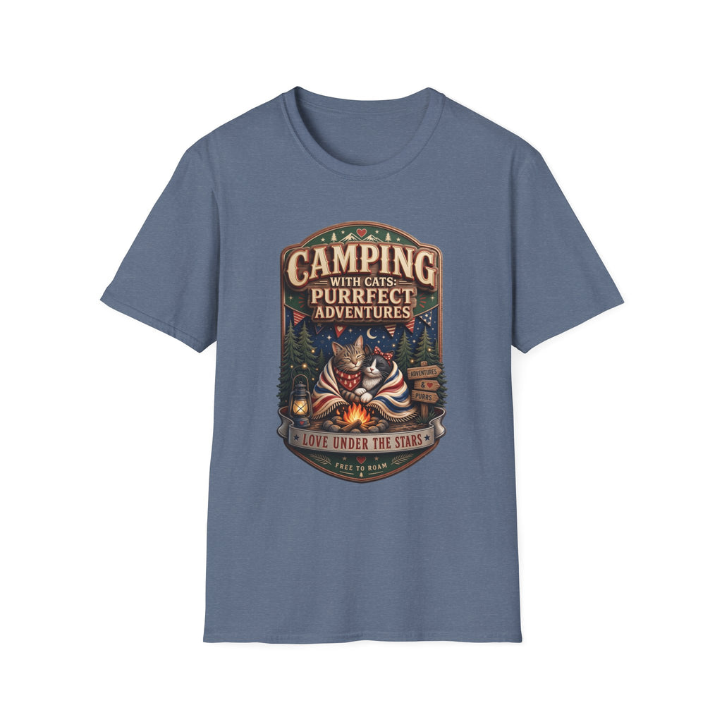 Camping With Cats Purrfect Adventures print on the front of a Heather Indigo t-shirt, laid flat on white