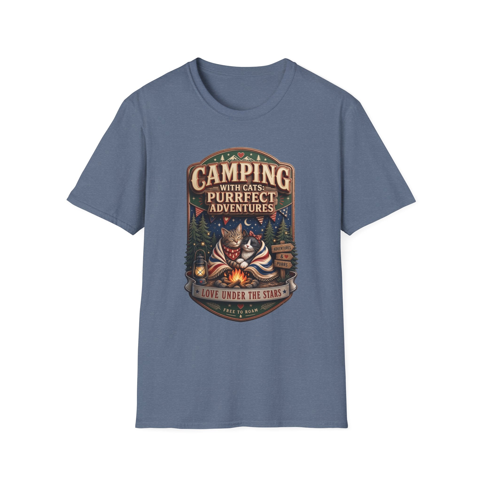 Camping With Cats Purrfect Adventures print on the front of a Heather Indigo t-shirt, laid flat on white