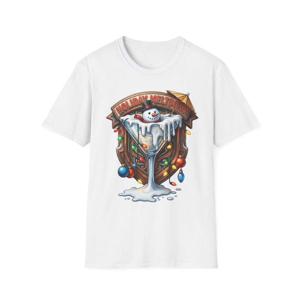 Holiday Meltdown Snowman Martini print on the front of a White t-shirt, laid flat on white