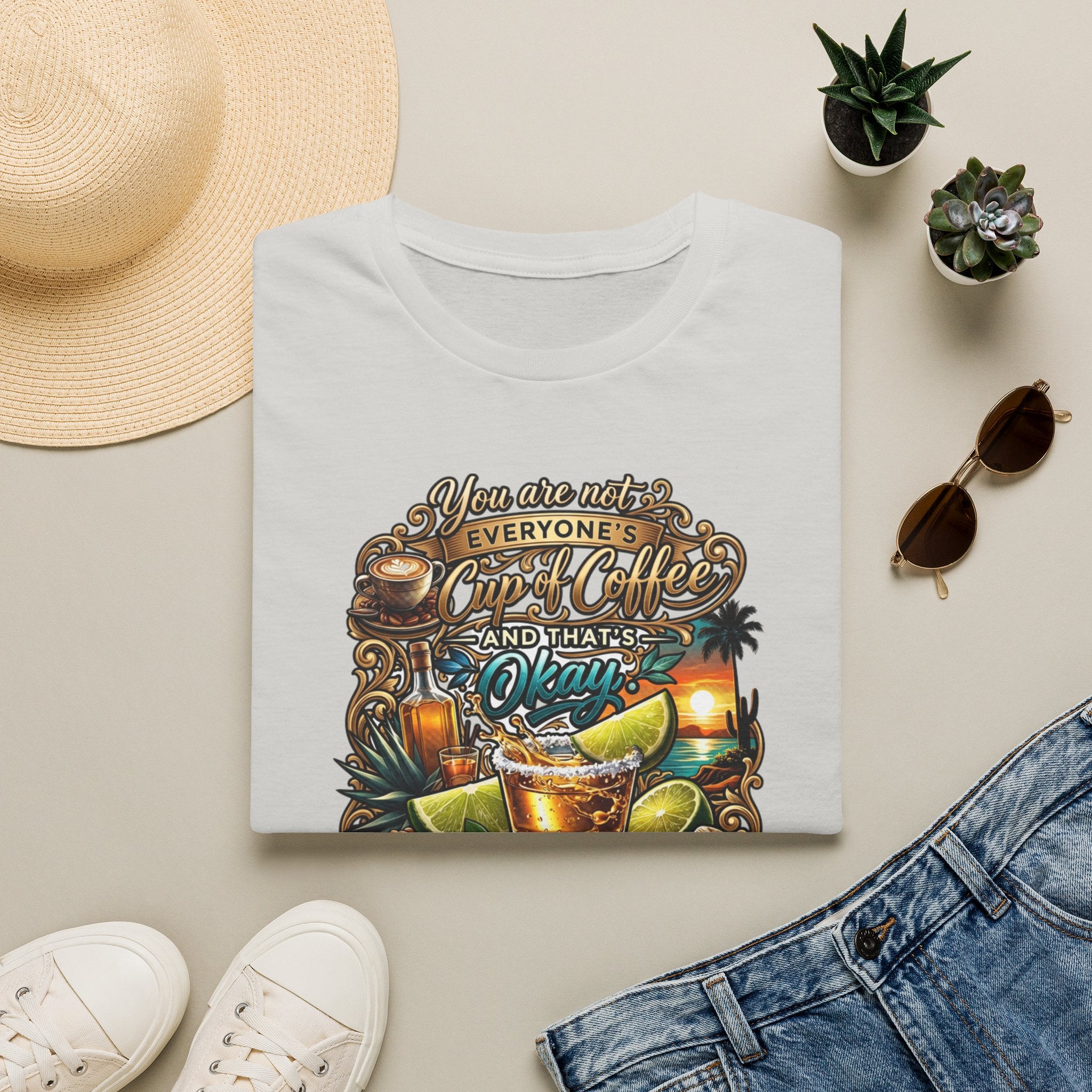 Not Everyone's Cup of Coffee You're Tequila print on an Ice Grey t-shirt, folded beside a straw hat and jeans