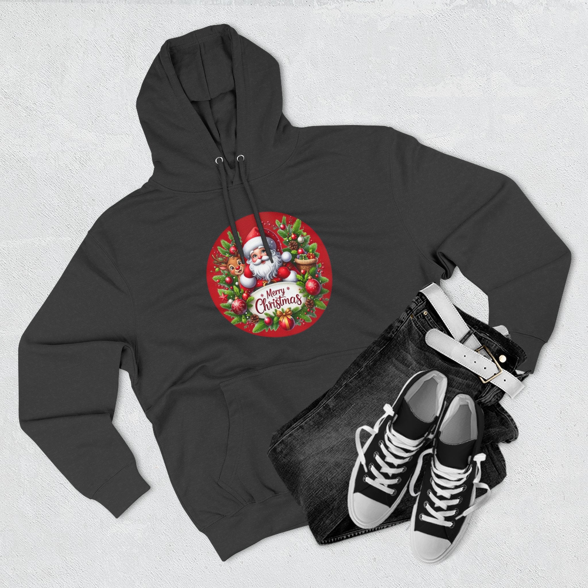 Santa & Reindeer Merry Christmas Wreath Hoodie