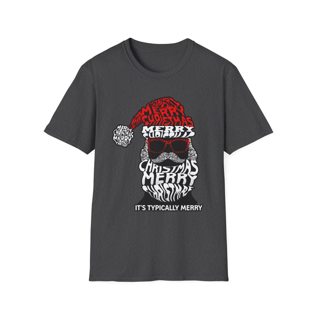 Cool Santa Sunglasses Typography Merry print on the front of a Dark Heather t-shirt, laid flat on white