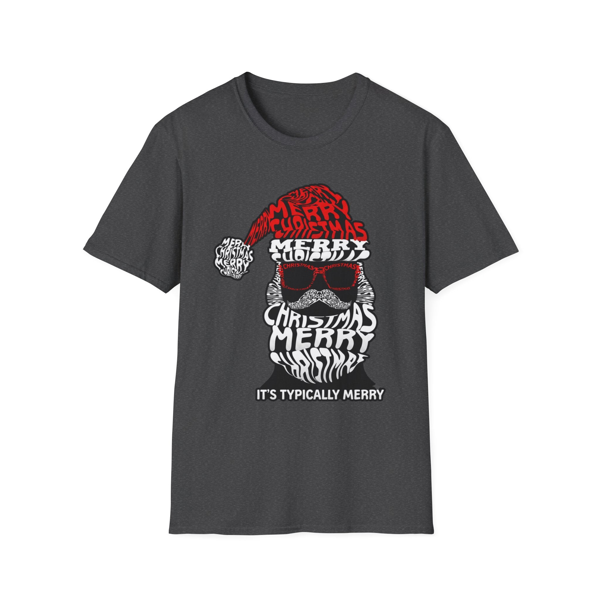 Cool Santa Sunglasses Typography Merry print on the front of a Dark Heather t-shirt, laid flat on white