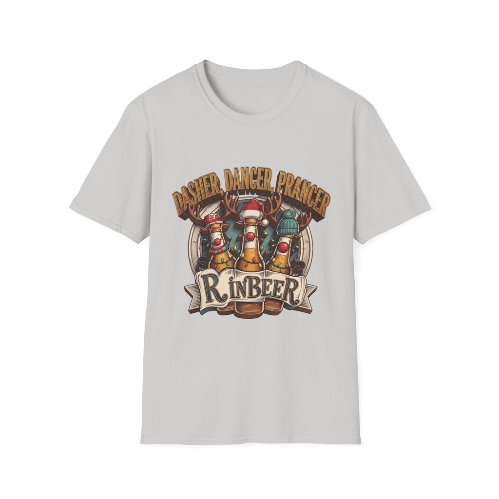 Dasher Dancer Prancer Reinbeer Christmas Beer print on the front of an Ice Grey t-shirt, laid flat on white