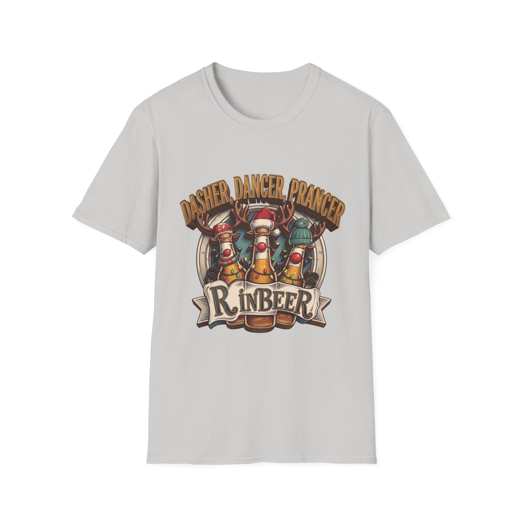 Dasher Dancer Prancer Reinbeer Christmas Beer print on the front of an Ice Grey t-shirt, laid flat on white