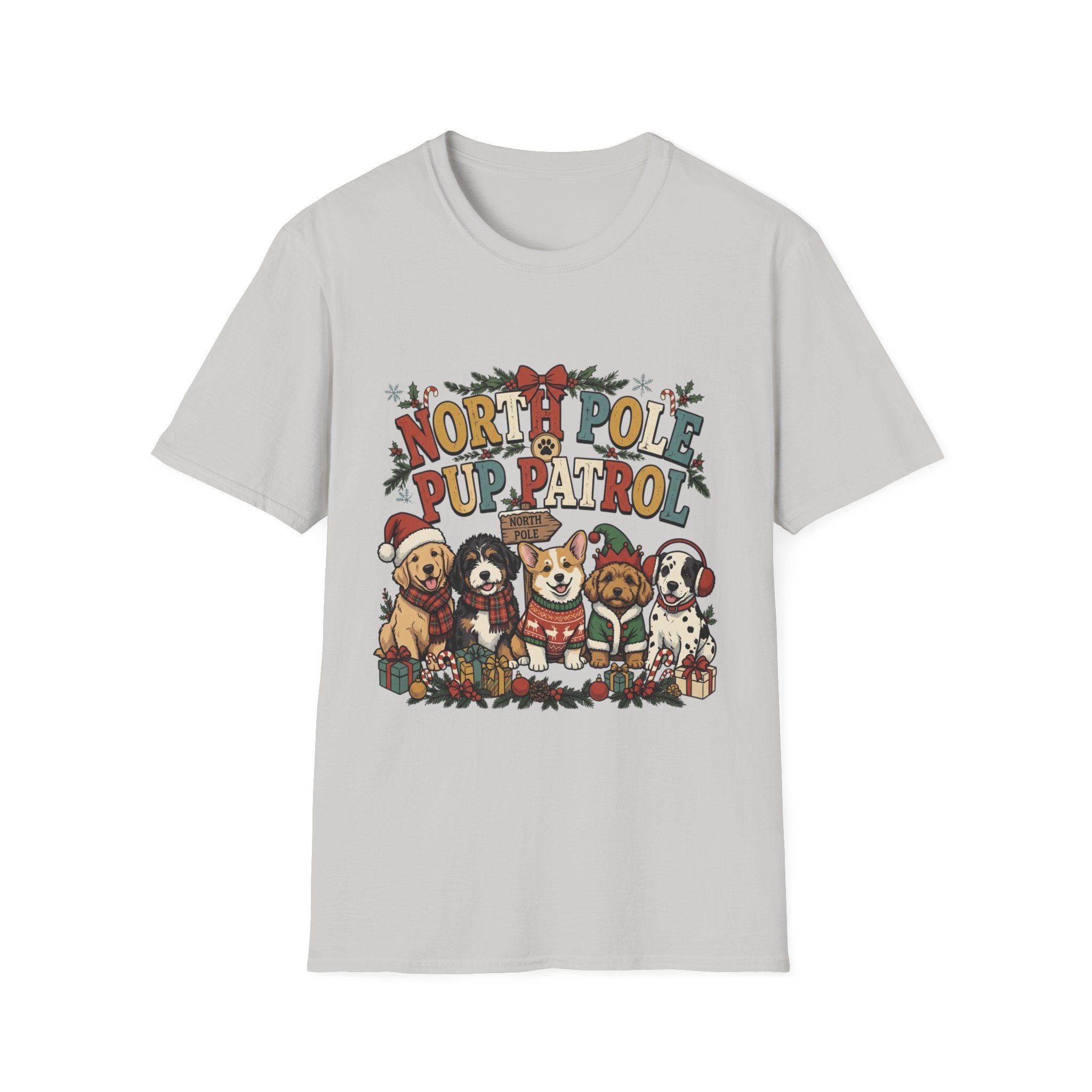 North Pole Pup Patrol Christmas Dogs print on the front of an Ice Grey t-shirt, laid flat on white