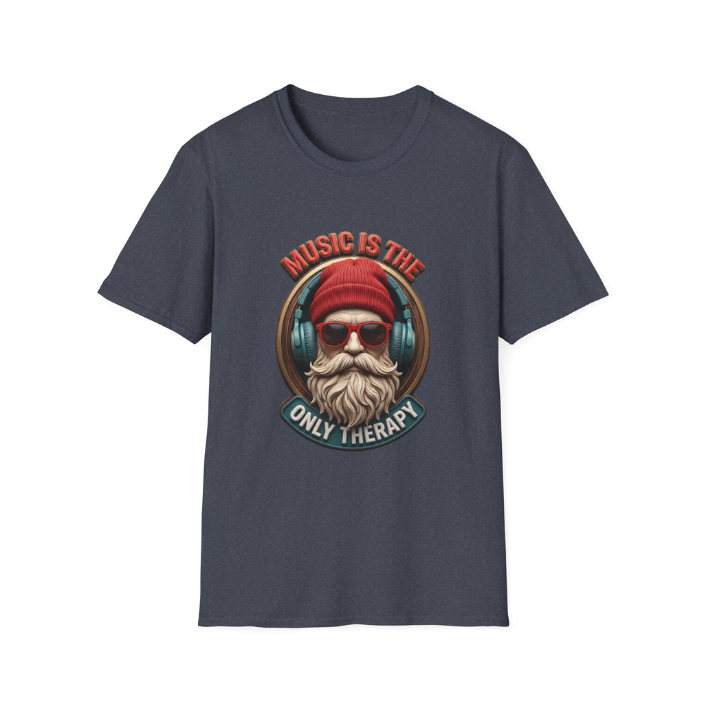 Music Is The Only Therapy Bearded Beanie print on the front of a Heather Navy t-shirt, laid flat on white