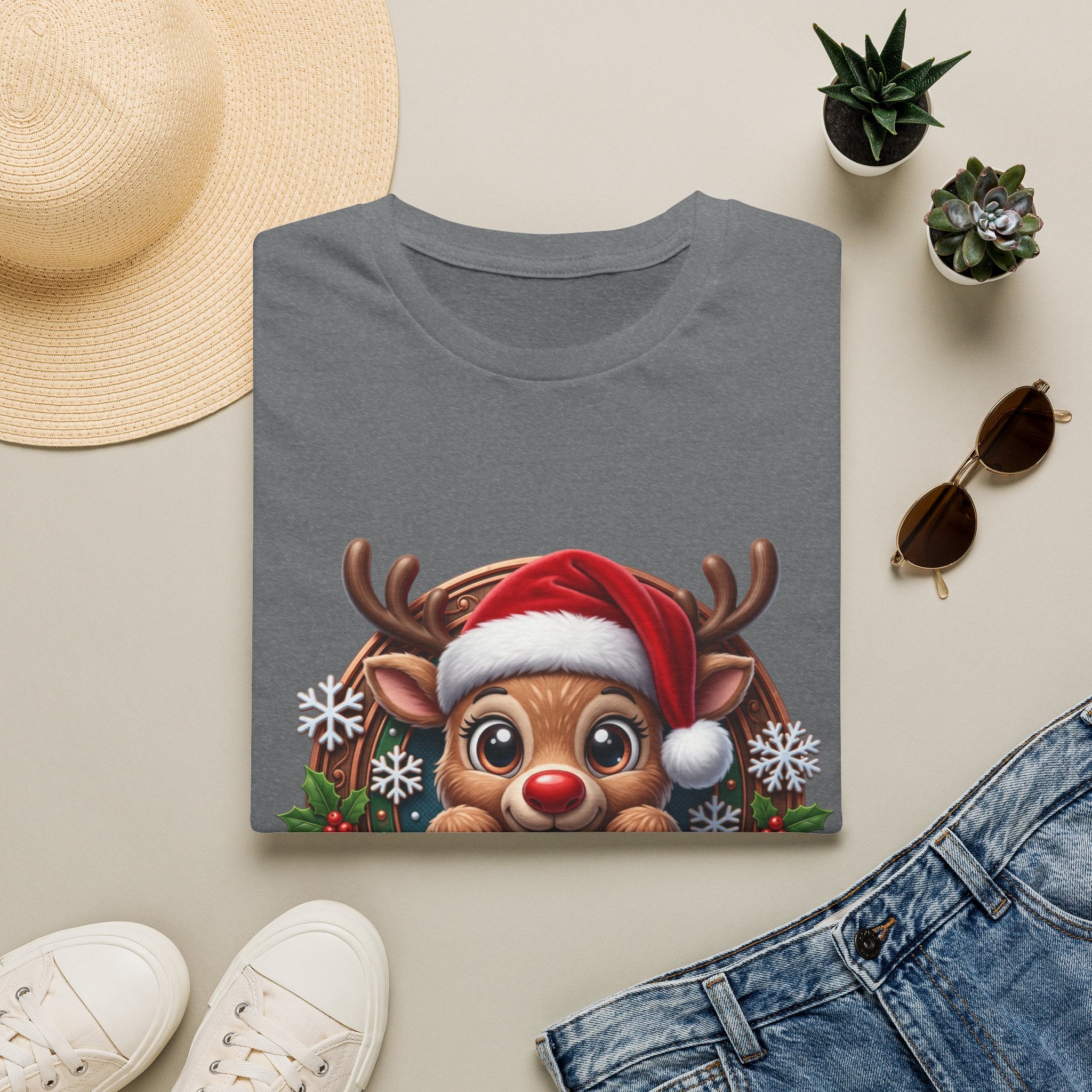 Cute Red-Nosed Reindeer print on a Graphite Heather t-shirt, folded beside a straw hat and jeans