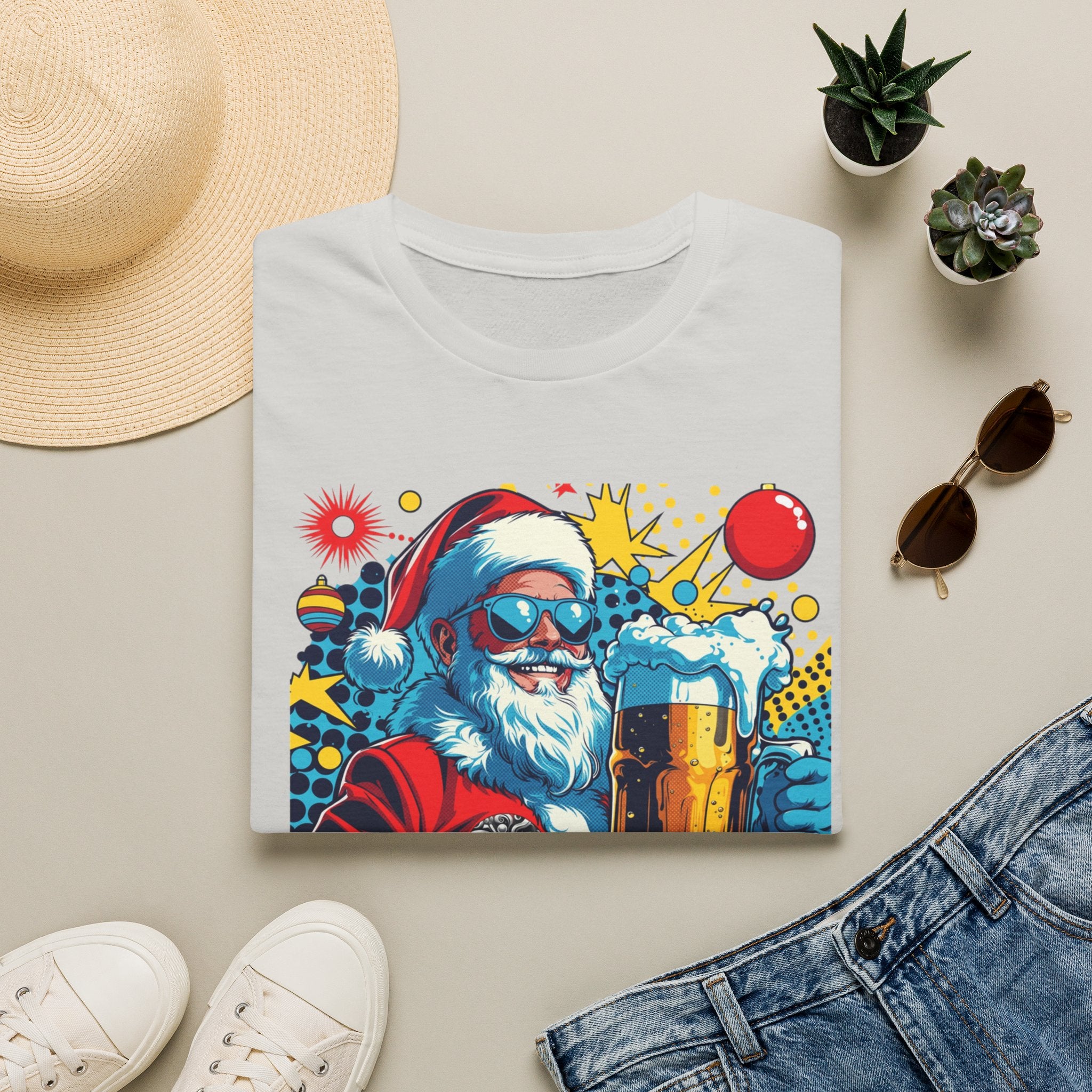Naughty List Is My People Pop Art Santa Beer print on an Ice Grey t-shirt, folded beside a straw hat and jeans