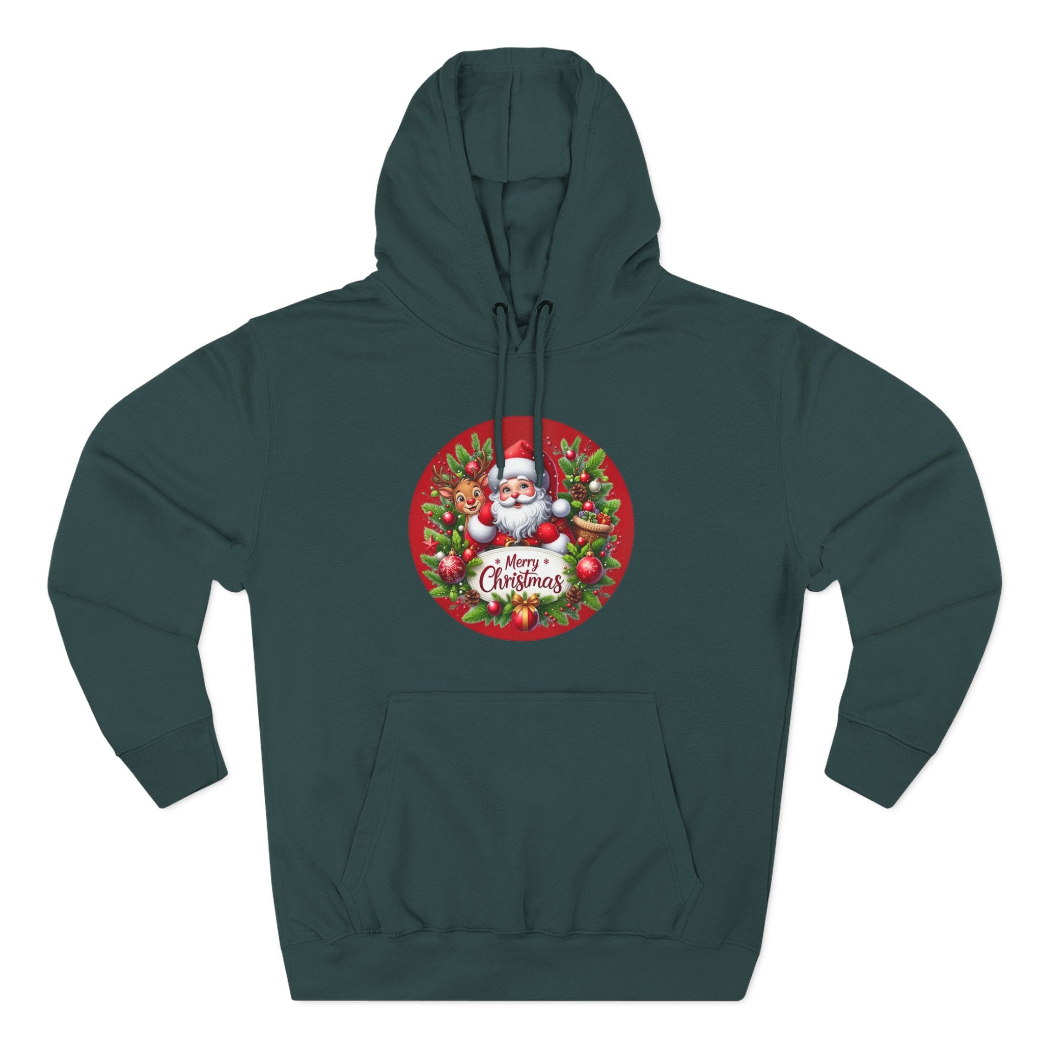 Santa & Reindeer Merry Christmas Wreath Hoodie, shown in Sports Green