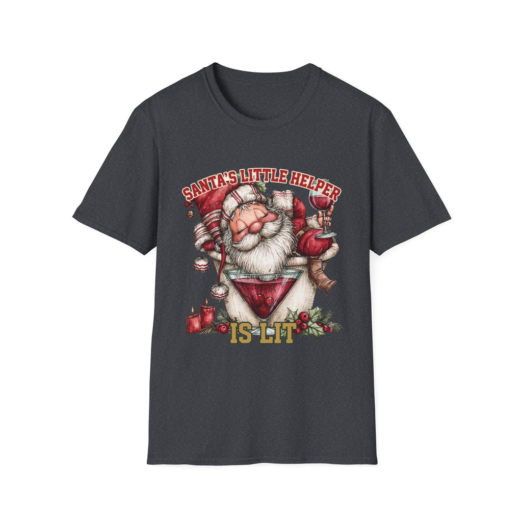 Santa's Little Helper Is Lit Christmas Wine print on the front of a Dark Heather Grey t-shirt, laid flat on white