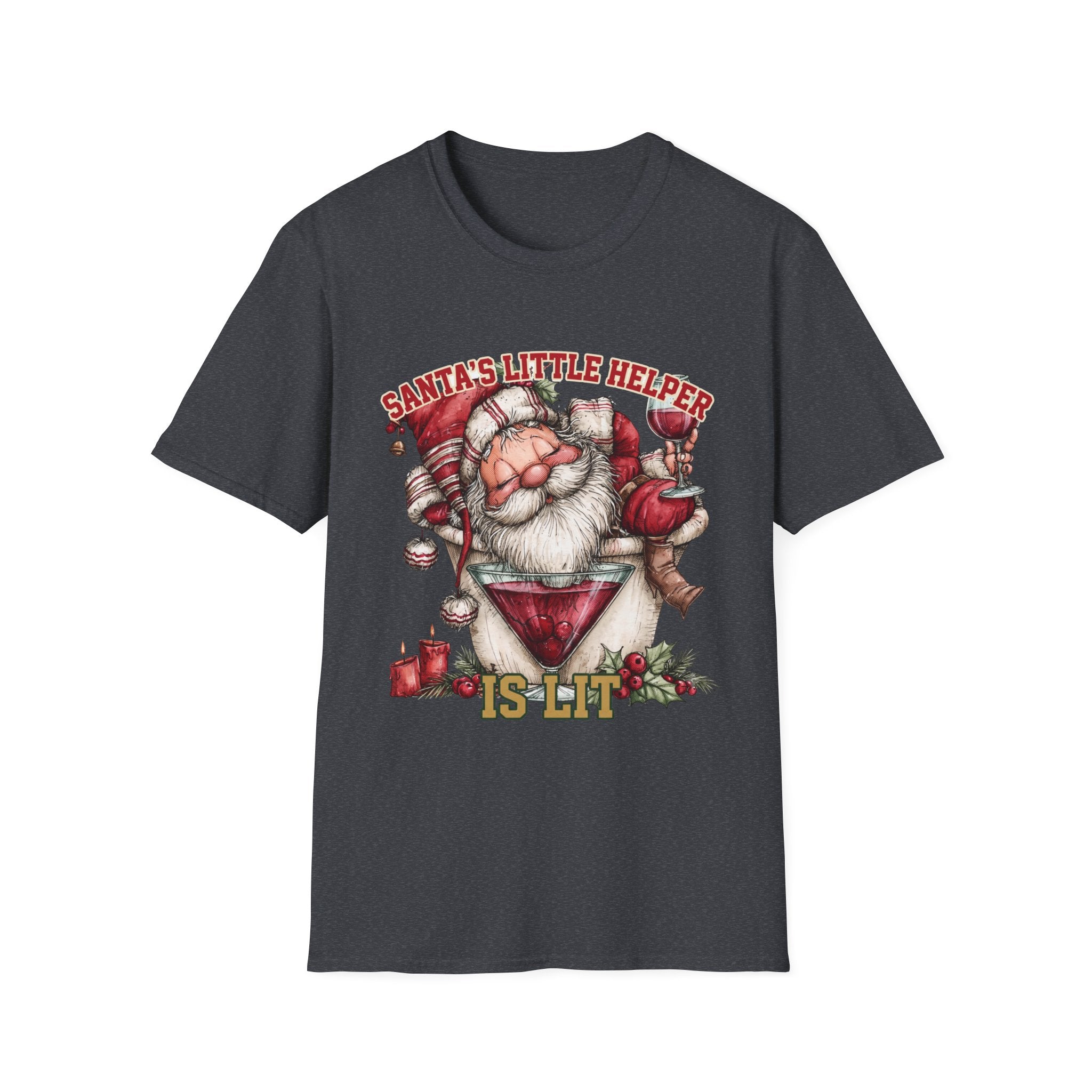 Santa's Little Helper Is Lit Christmas Wine print on the front of a Dark Heather Grey t-shirt, laid flat on white