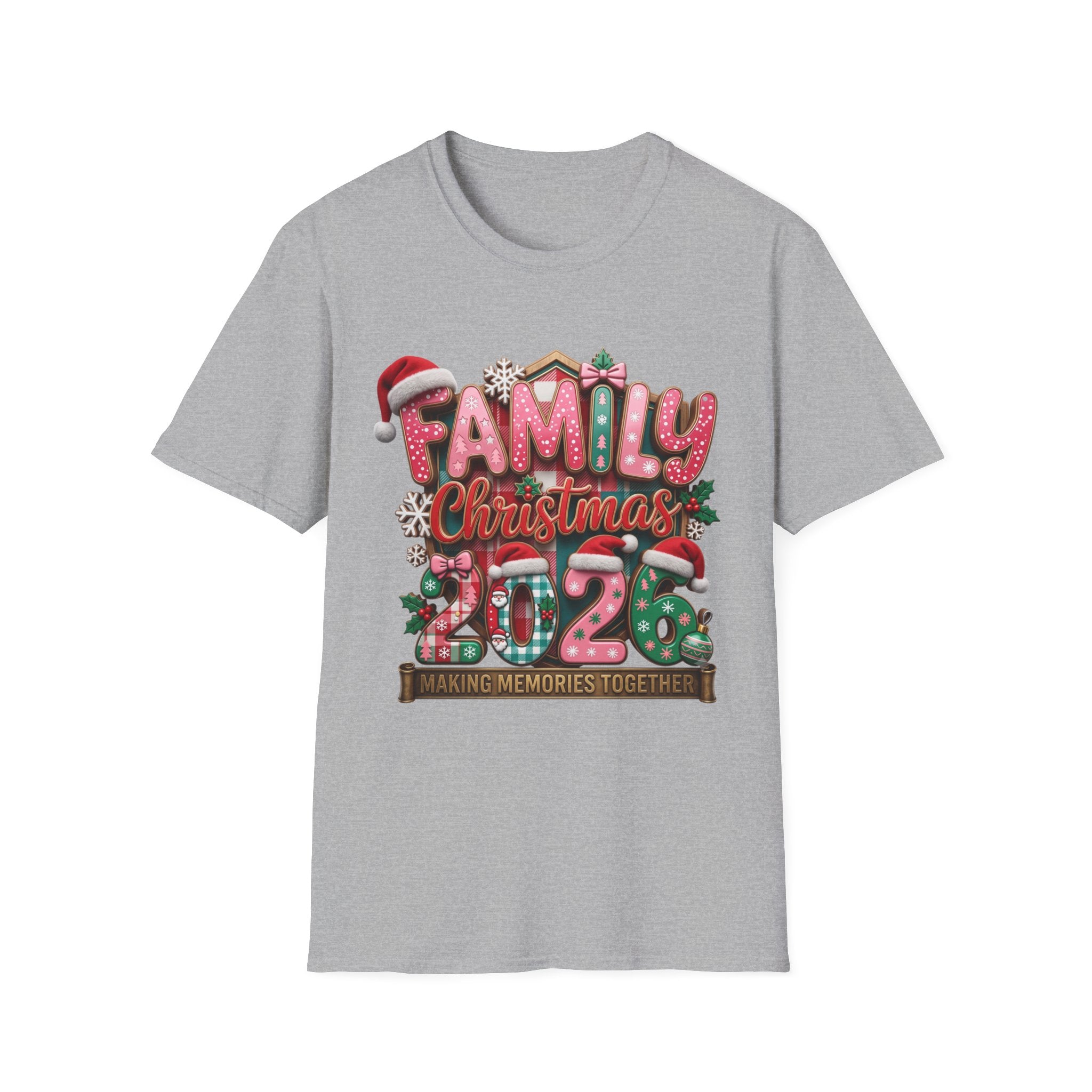 Family Christmas 2026 Making Memories Together print on the front of a Sport Grey t-shirt, laid flat on white