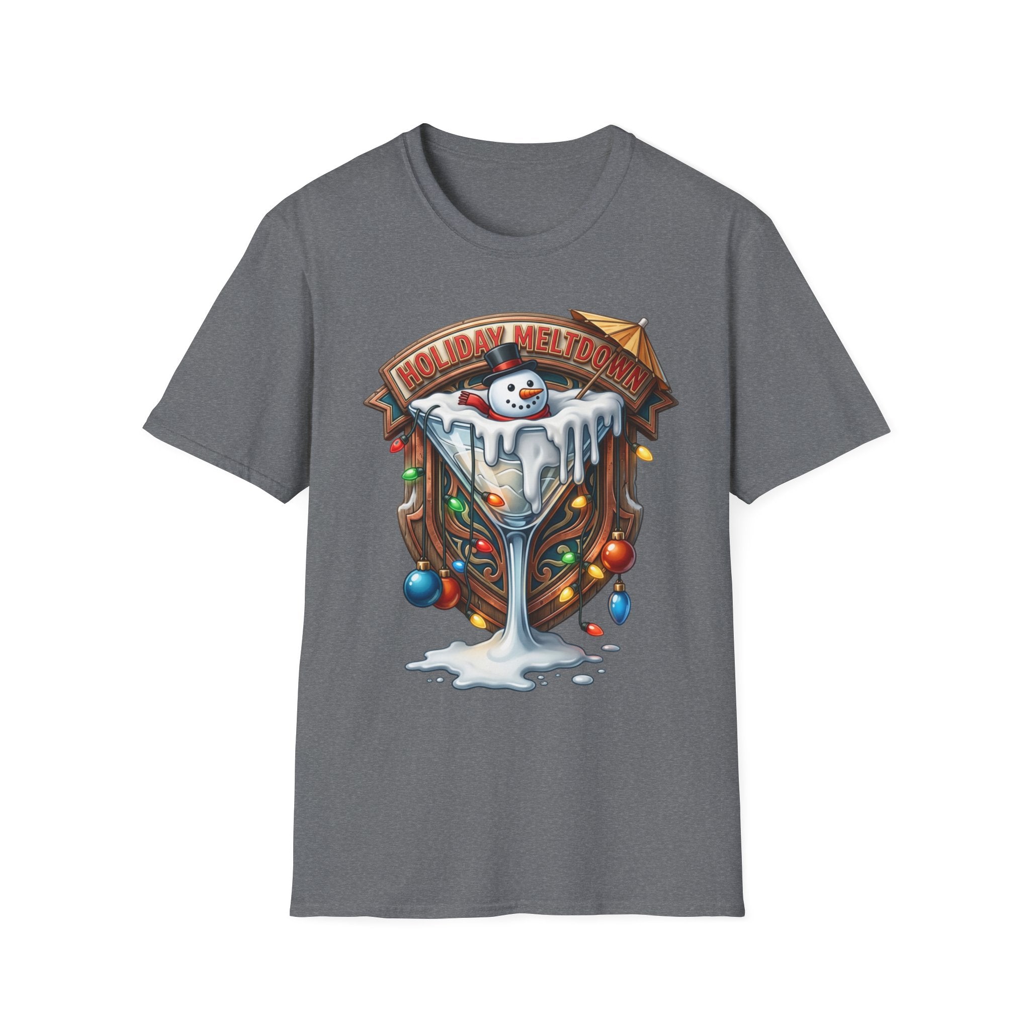 Holiday Meltdown Snowman Martini print on the front of a Graphite Heather t-shirt, laid flat on white