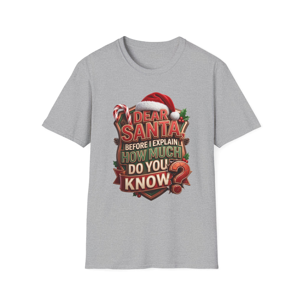 Dear Santa Before I Explain print on the front of a Sport Grey t-shirt, laid flat on white