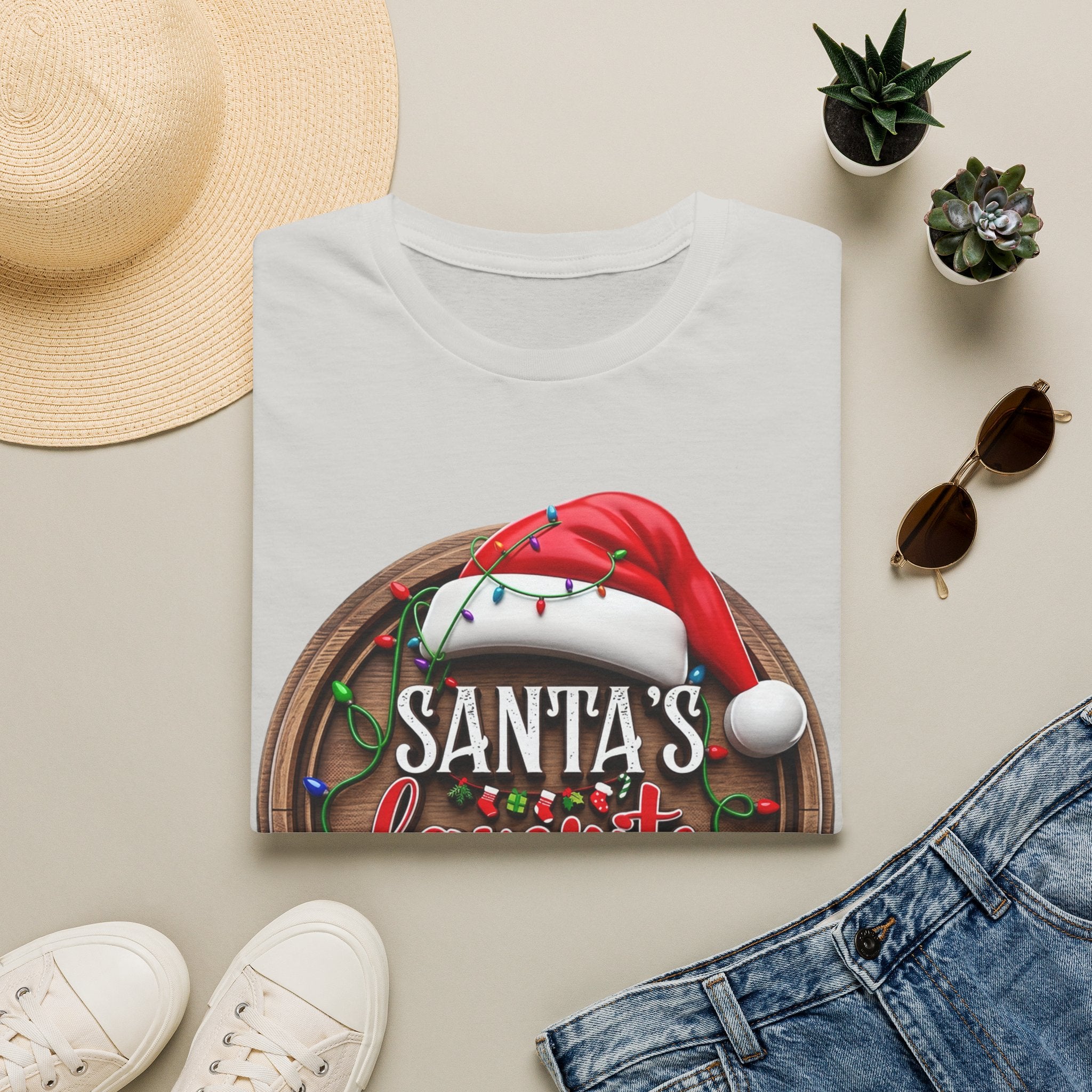 Santa's Favorite Office Staff print on an Ice Grey t-shirt, folded beside a straw hat and jeans