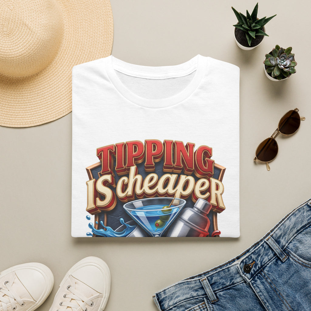 Tipping Is Cheaper Than Therapy Bartender print on a White t-shirt, folded beside a straw hat and jeans