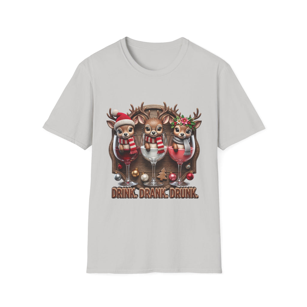 Drink Drank Drunk Reindeer Wine Trio print on the front of an Ice Grey t-shirt, laid flat on white
