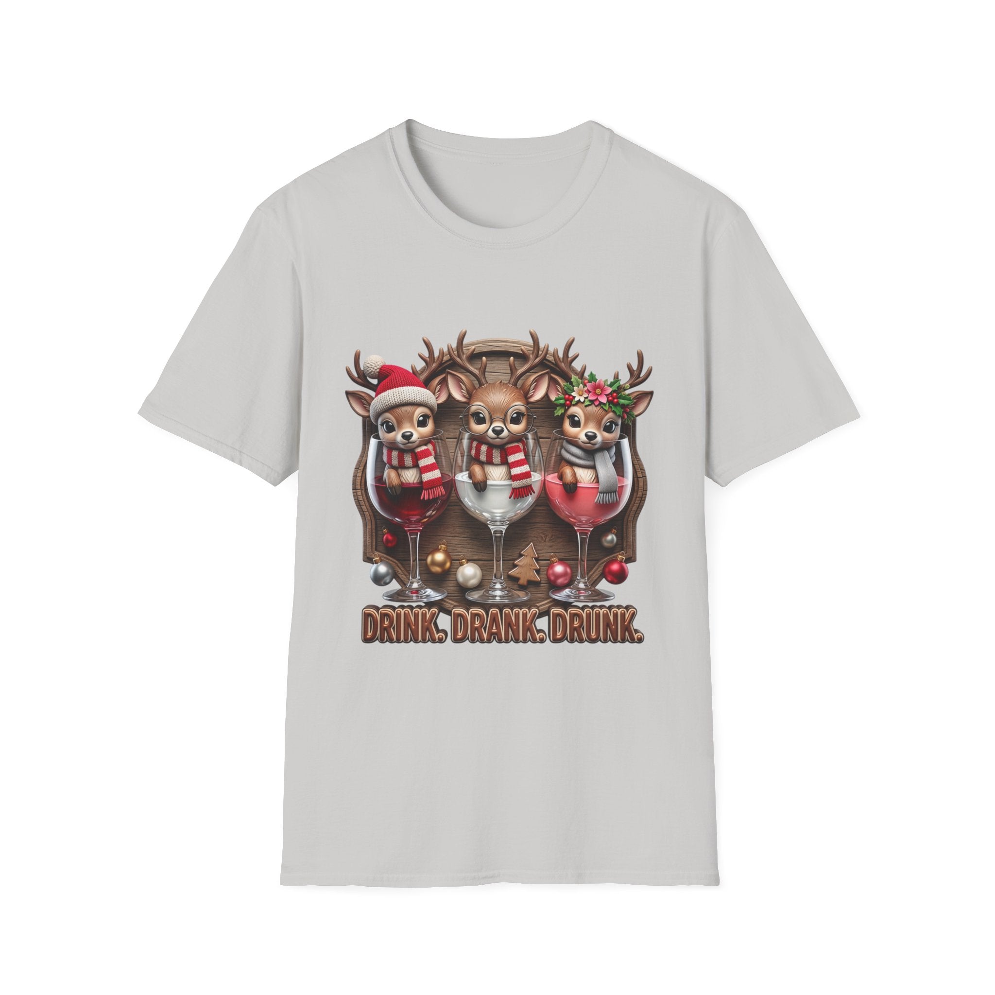Drink Drank Drunk Reindeer Wine Trio print on the front of an Ice Grey t-shirt, laid flat on white