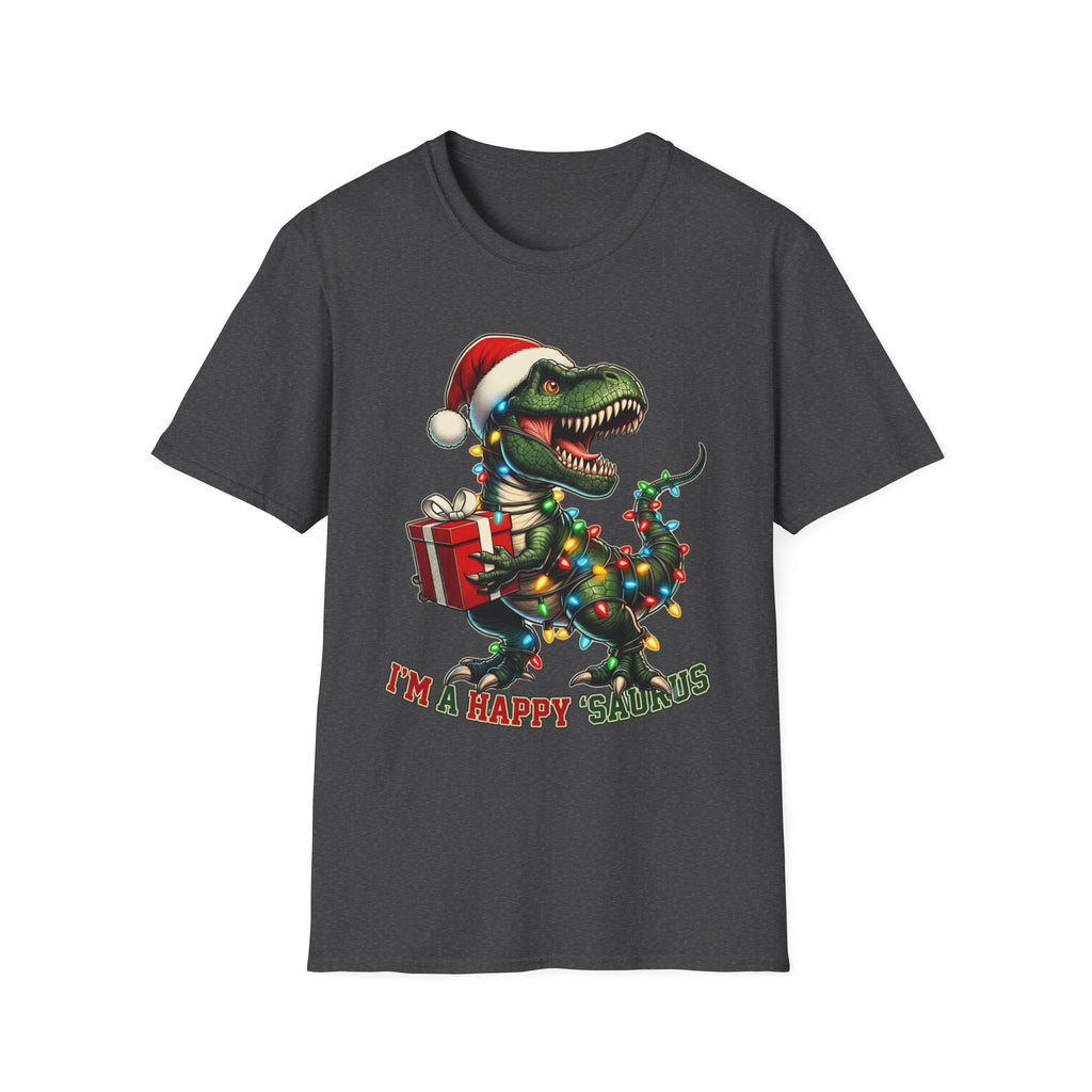 Happy Saurus T-Rex Santa Hat Christmas Lights print on the front of a Dark Heather t-shirt, laid flat on white