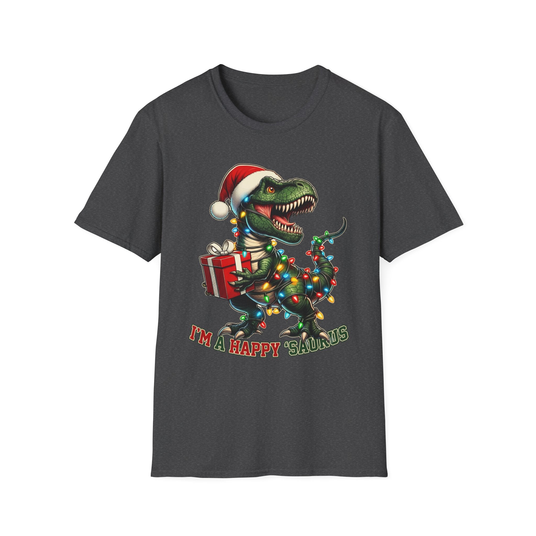 Happy Saurus T-Rex Santa Hat Christmas Lights print on the front of a Dark Heather t-shirt, laid flat on white