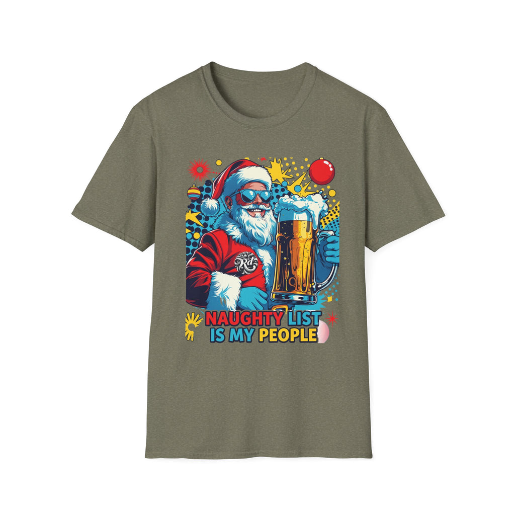 Naughty List Is My People Pop Art Santa Beer print on the front of a Heather Military Green t-shirt, laid flat on white