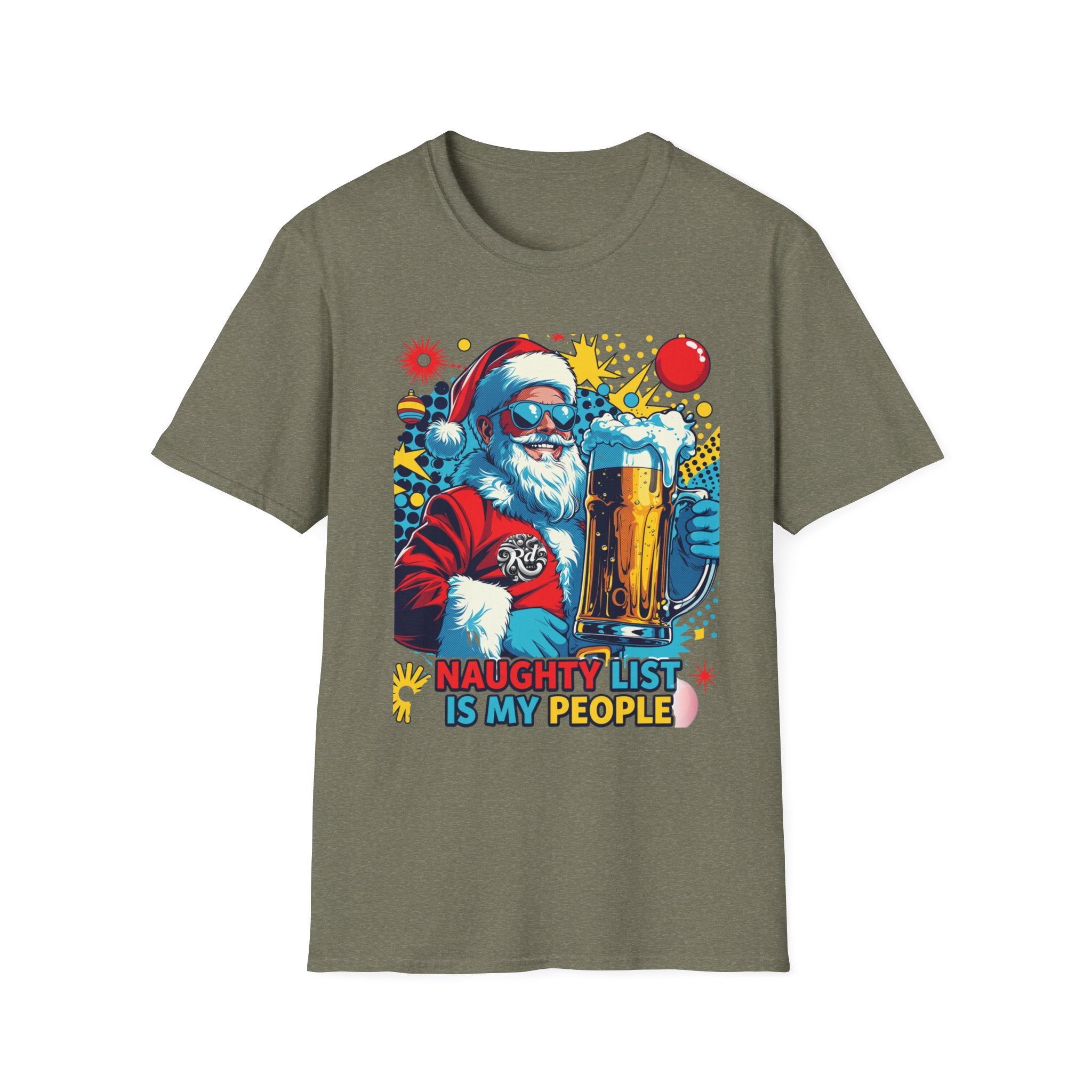 Naughty List Is My People Pop Art Santa Beer print on the front of a Heather Military Green t-shirt, laid flat on white